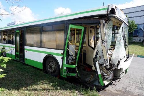 A bus with heavy damage to the front end from an accident in Houston.